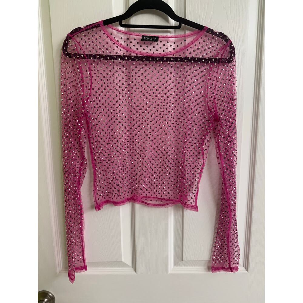 Top Chic hot pink sheer mesh long-sleeve crop top embellished rhinestones medium - Picture 2 of 5